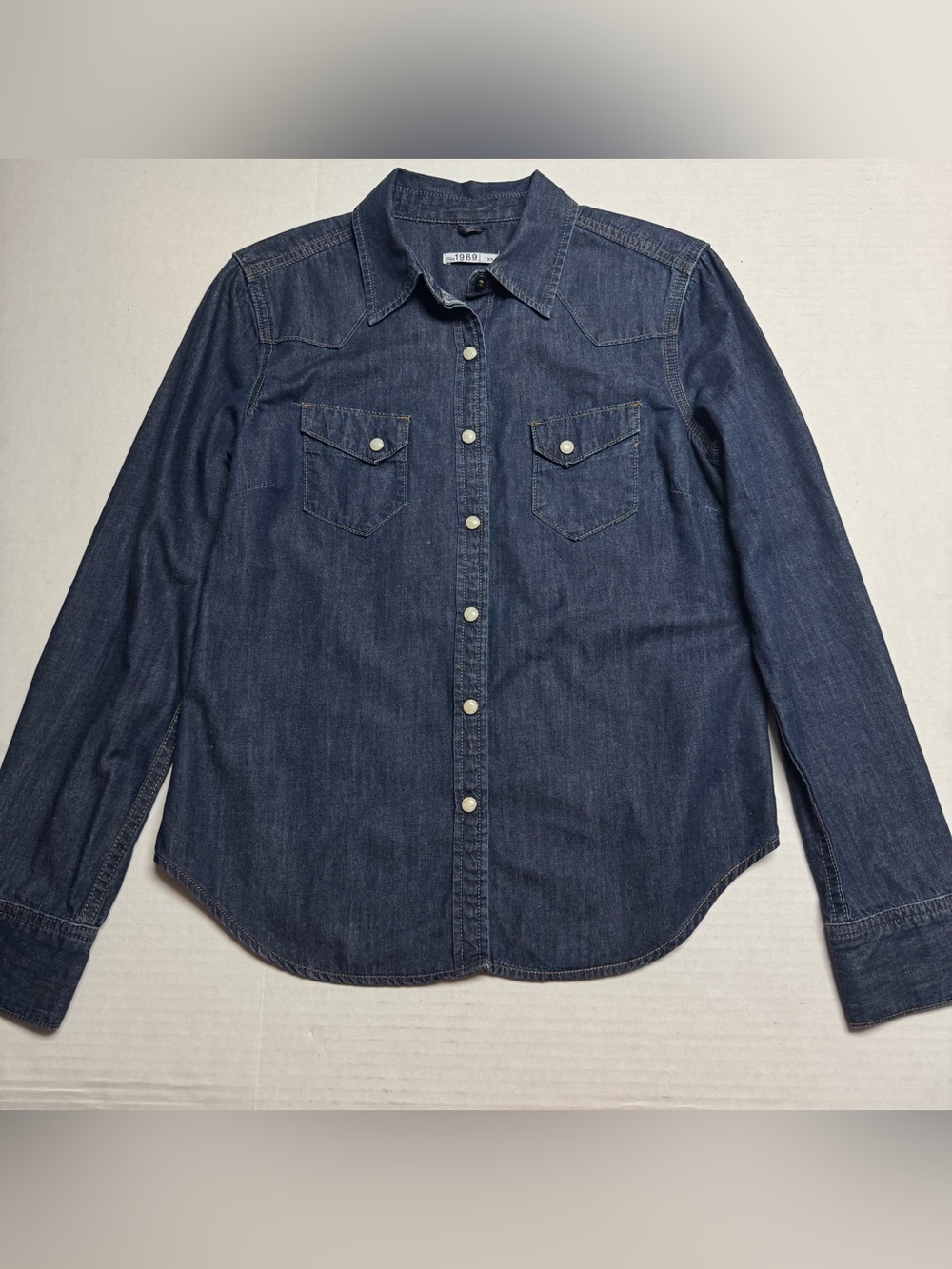 Gap 1969 Classic Western Snap Button Cotton Silk Shirt Dark Indigo Rinse Sz: XS